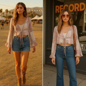 Style Rack Women’s Boho Patchwork Tie-Front Blouse S Festival Indie Retro 70s